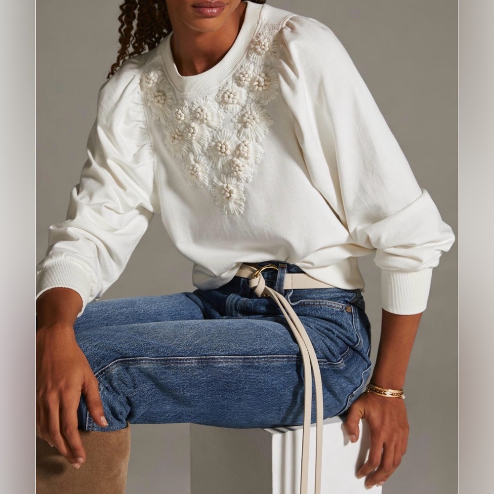 Anthropologie  Embroidered Puff Sleeve Sz M Beige Women’s Hoodie Cotton OT